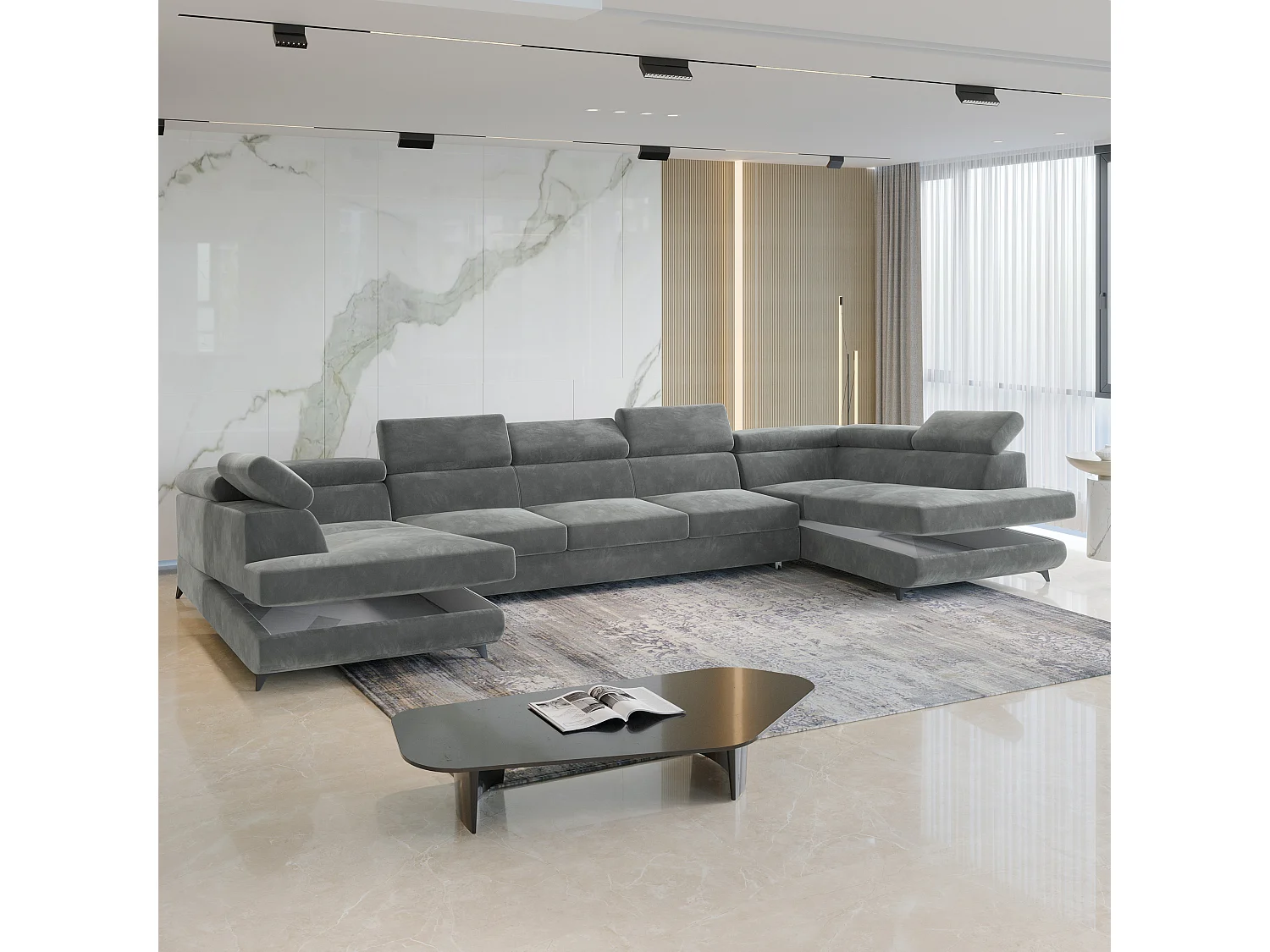 Canapé d'angle URMANO Gris en velours avec fonction de couchage