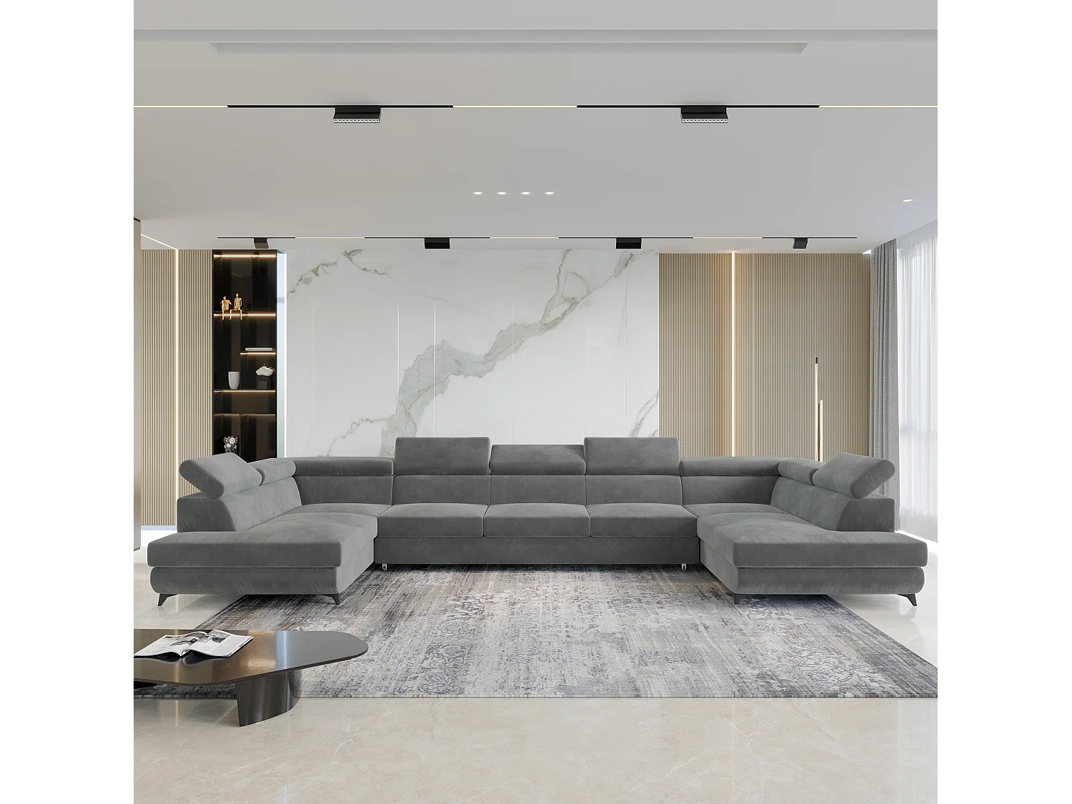 Canapé d'angle URMANO Gris en velours avec fonction de couchage