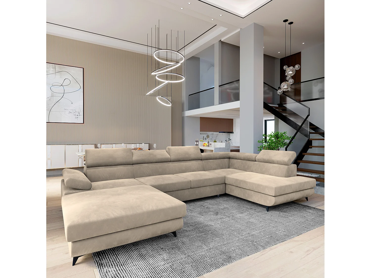 Hoekbank RUBANO van fluweel met slaapfunctie Creme