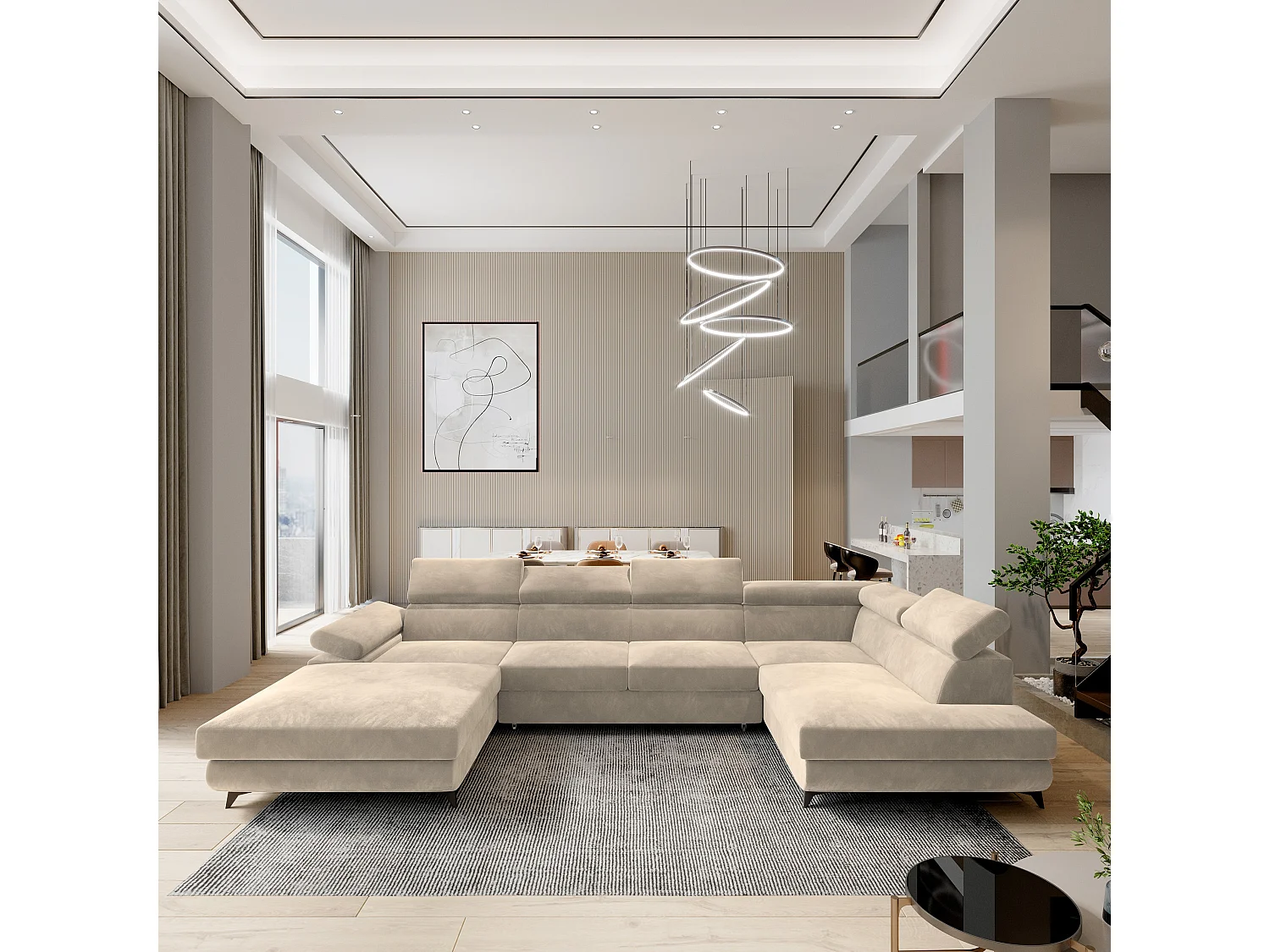 Hoekbank RUBANO van fluweel met slaapfunctie Creme