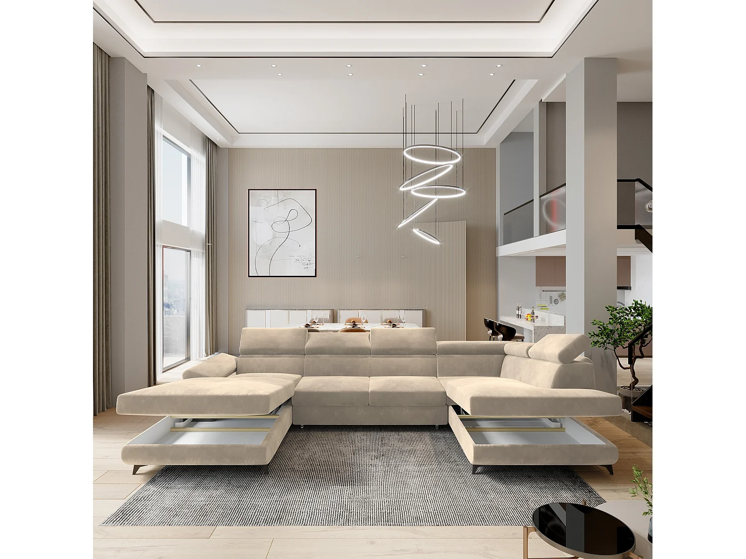 Canapé D'angle Rubano Crème En Velours Avec Fonction De Couchage