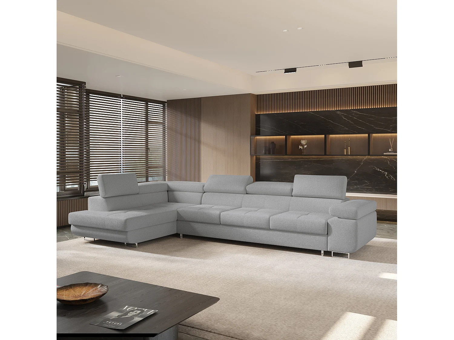 Hoekbank VICENTE van fluweel met slaapfunctie Hellgrau