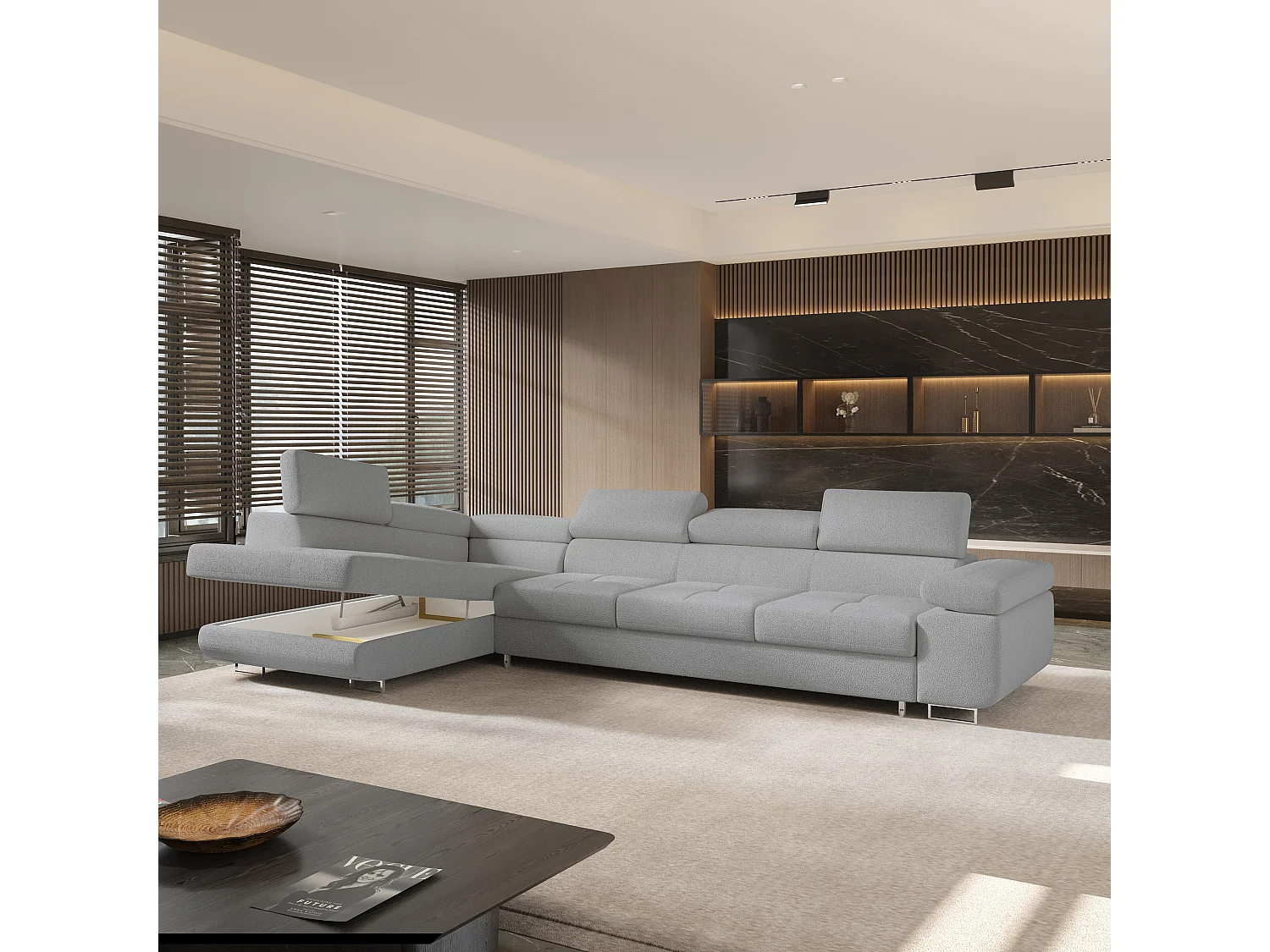 Hoekbank VICENTE van fluweel met slaapfunctie Hellgrau