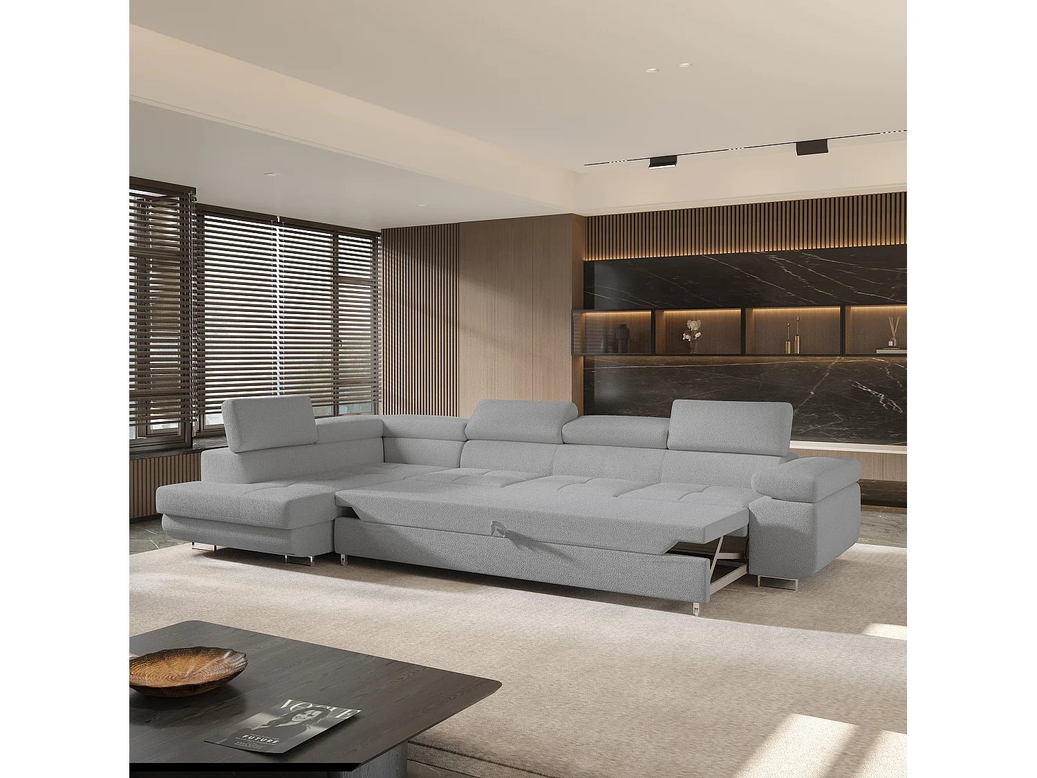 Hoekbank VICENTE van fluweel met slaapfunctie Hellgrau