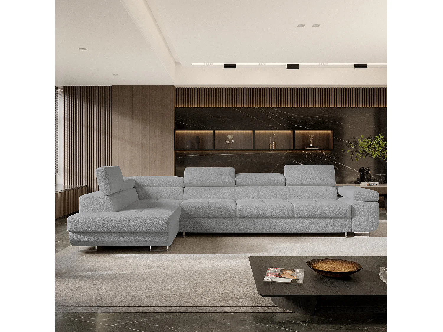 Hoekbank VICENTE van fluweel met slaapfunctie Hellgrau