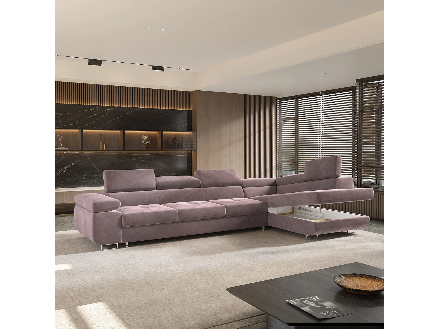 Hoekbank VICENTE van fluweel met slaapfunctie Lila