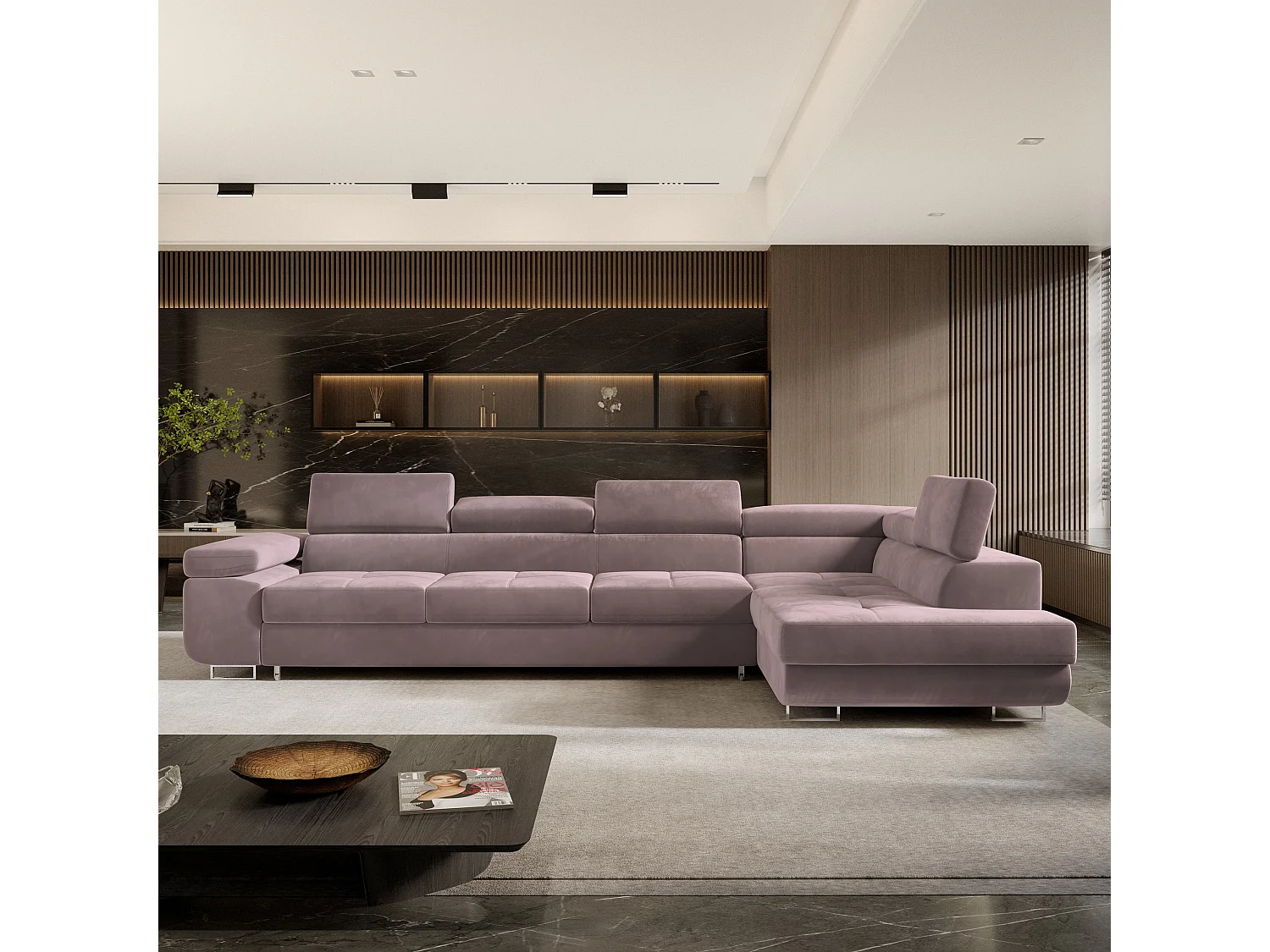 Hoekbank VICENTE van fluweel met slaapfunctie Lila