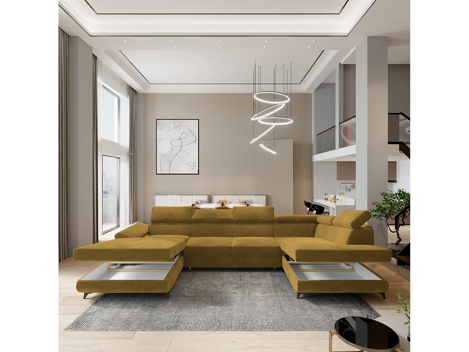 Canapé D'angle Rubano Jaune En Velours Avec Fonction De Couchage