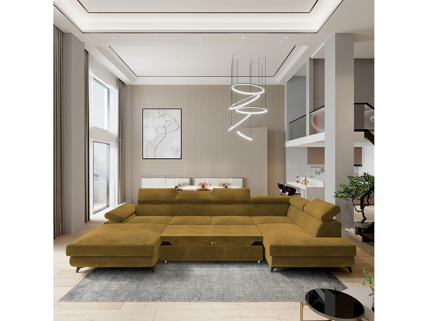 Canapé D'angle Rubano Jaune En Velours Avec Fonction De Couchage