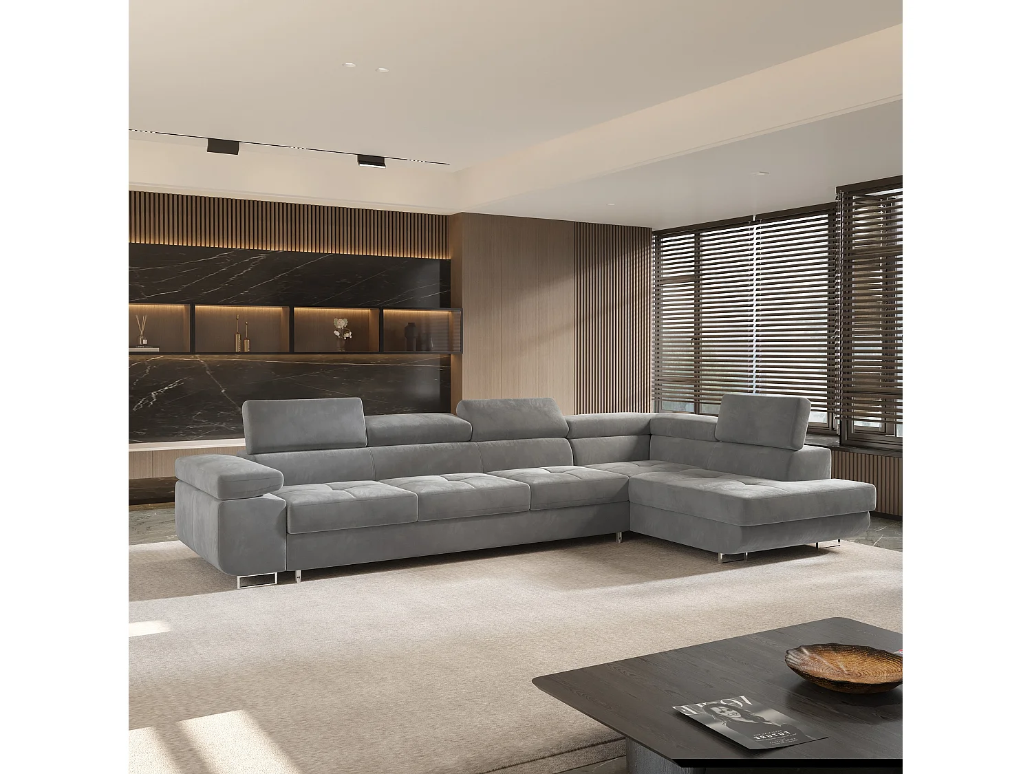 Hoekbank VICENTE van fluweel met slaapfunctie Grau