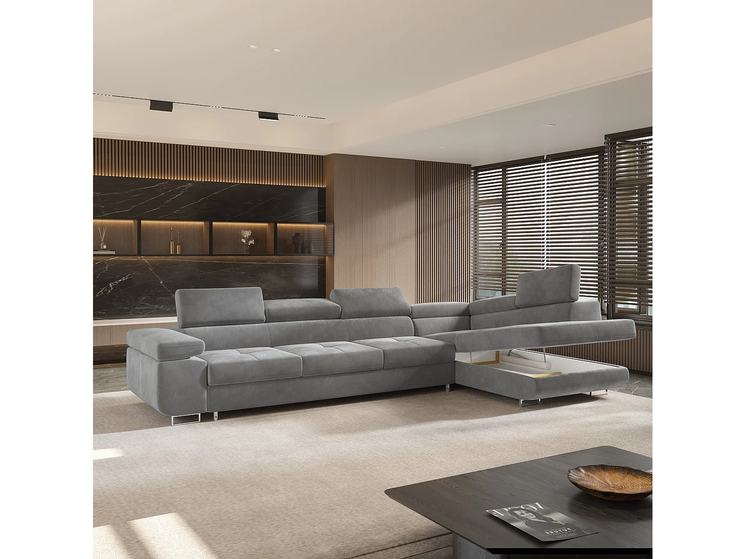 Hoekbank VICENTE van fluweel met slaapfunctie Grau