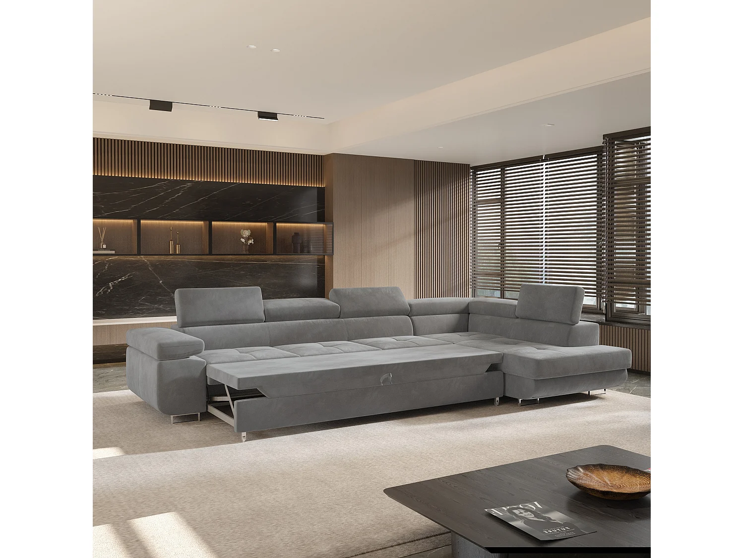 Hoekbank VICENTE van fluweel met slaapfunctie Grau