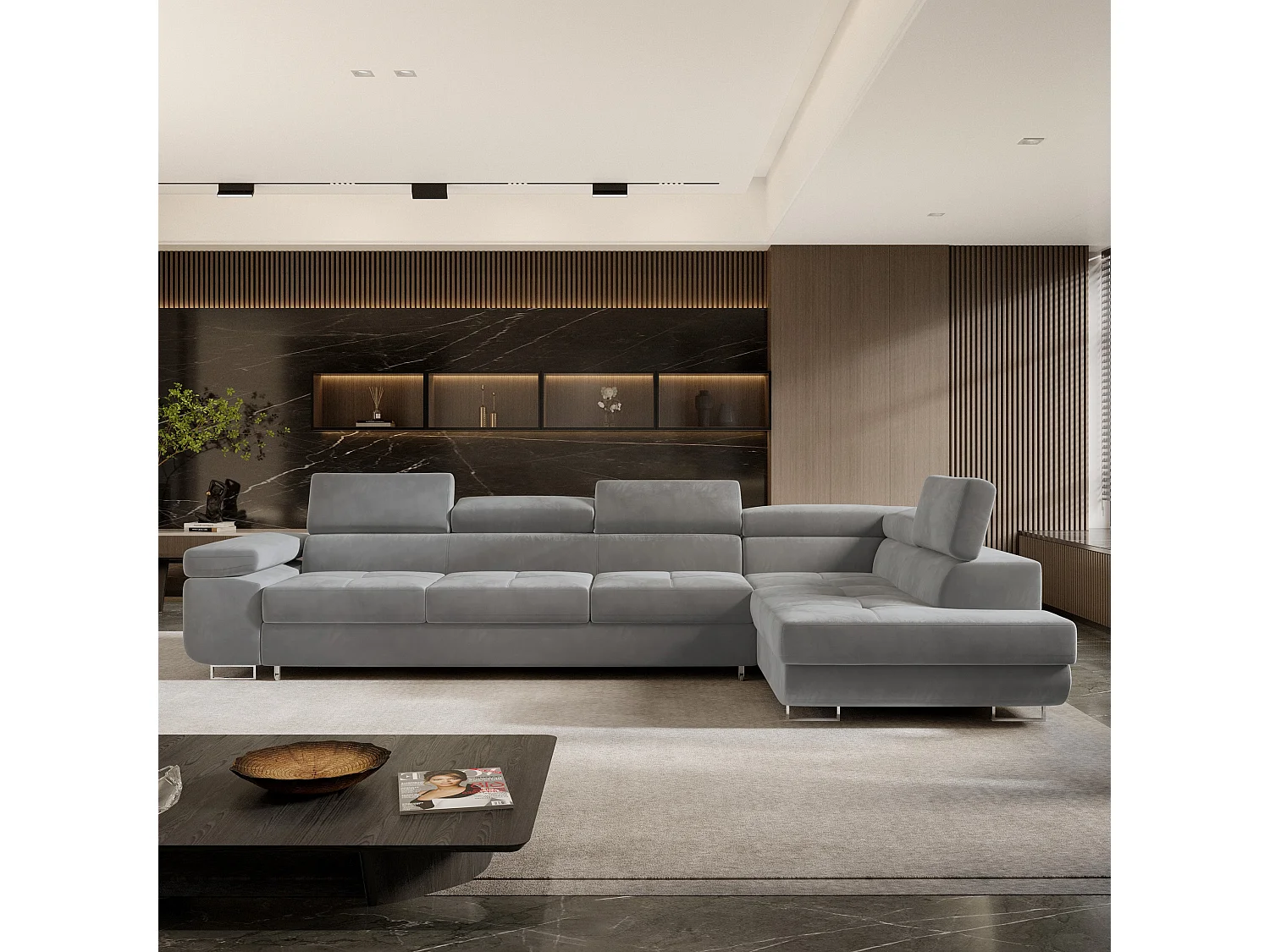 Hoekbank VICENTE van fluweel met slaapfunctie Grau