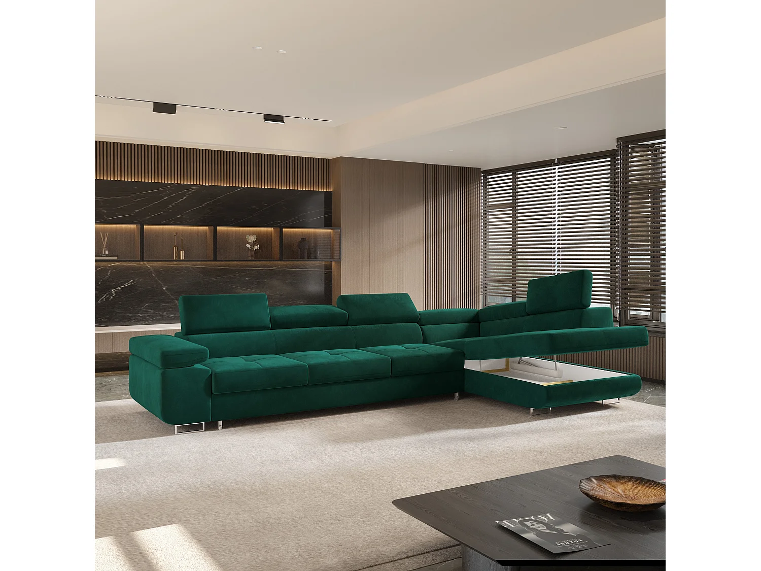 Hoekbank VICENTE van fluweel met slaapfunctie Grün