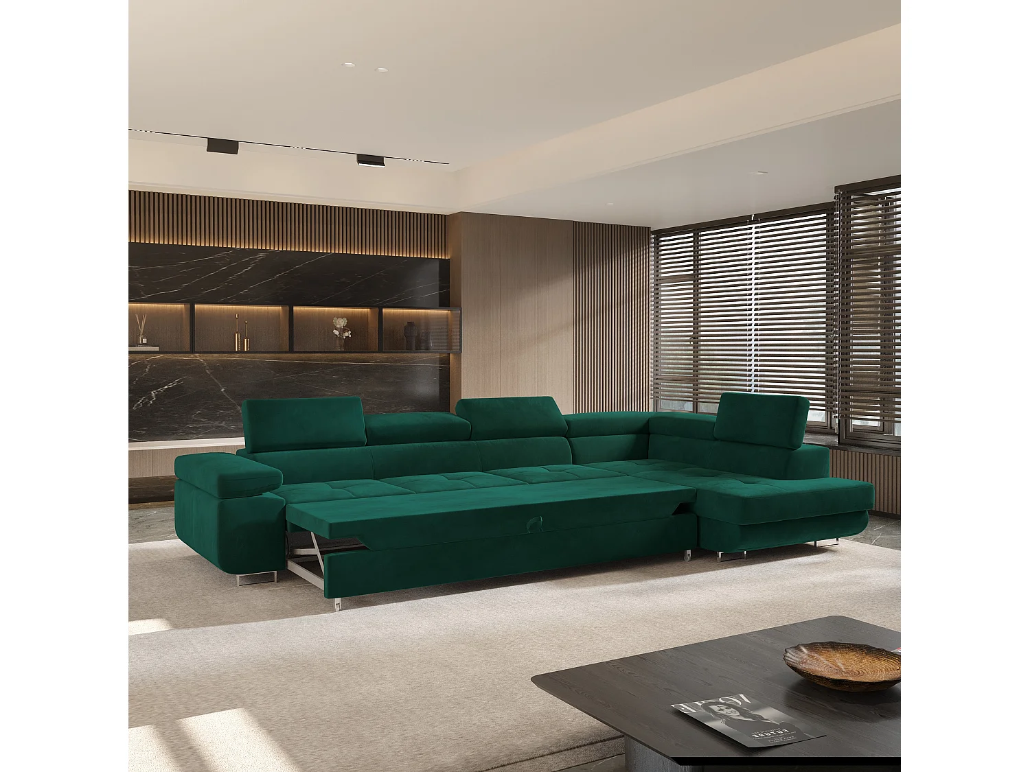 Hoekbank VICENTE van fluweel met slaapfunctie Grün