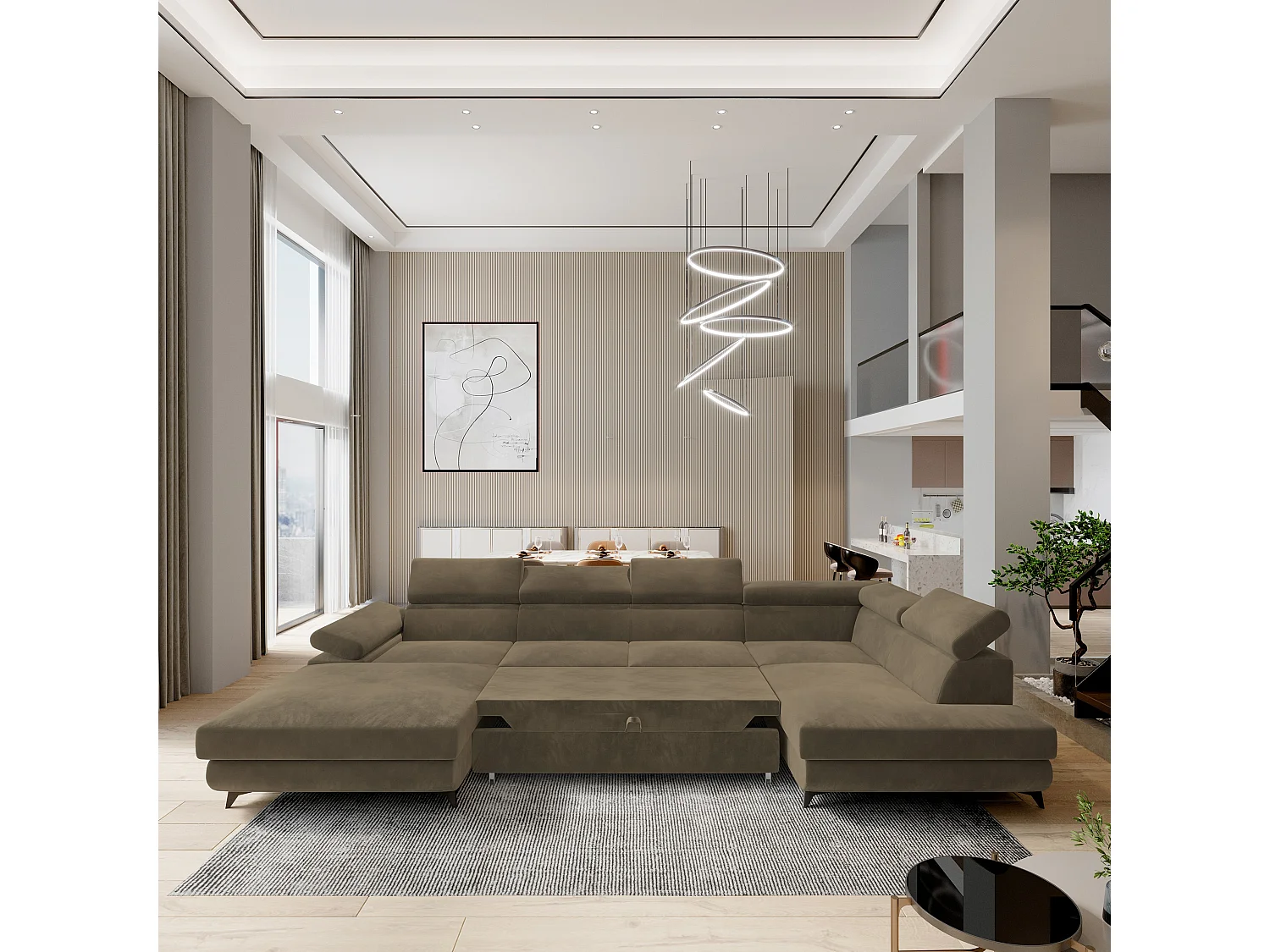 Hoekbank RUBANO van fluweel met slaapfunctie Beige