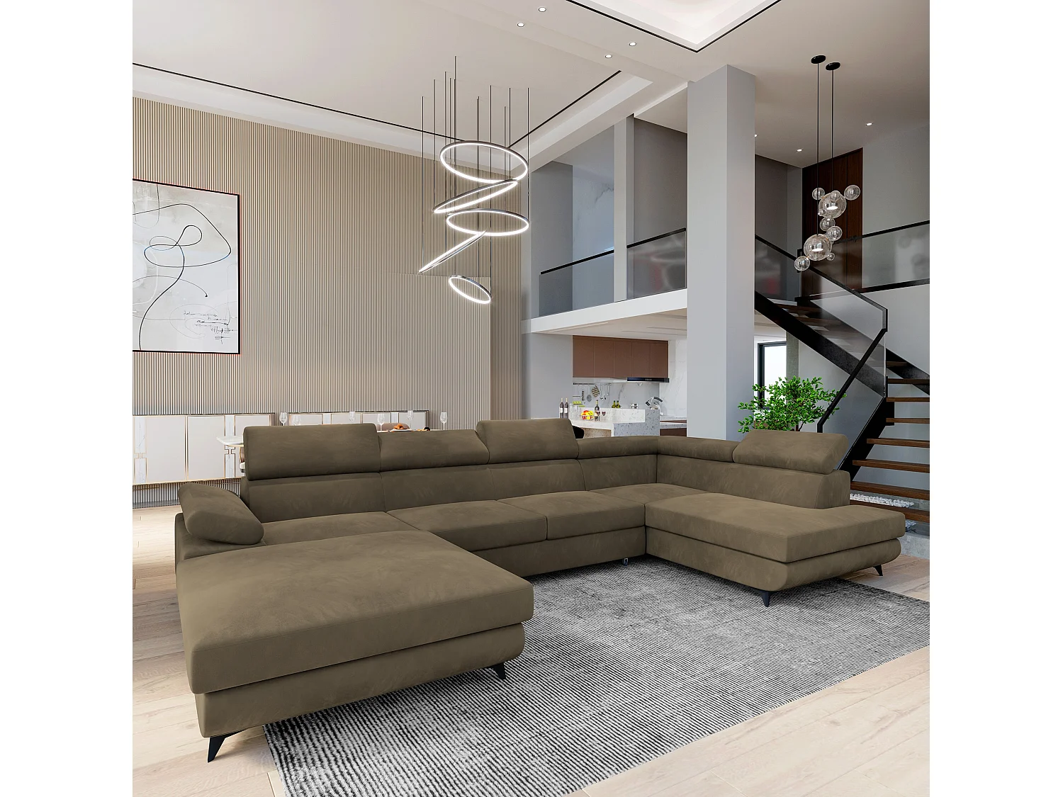 Canapé D'angle Rubano Beige En Velours Avec Fonction De Couchage