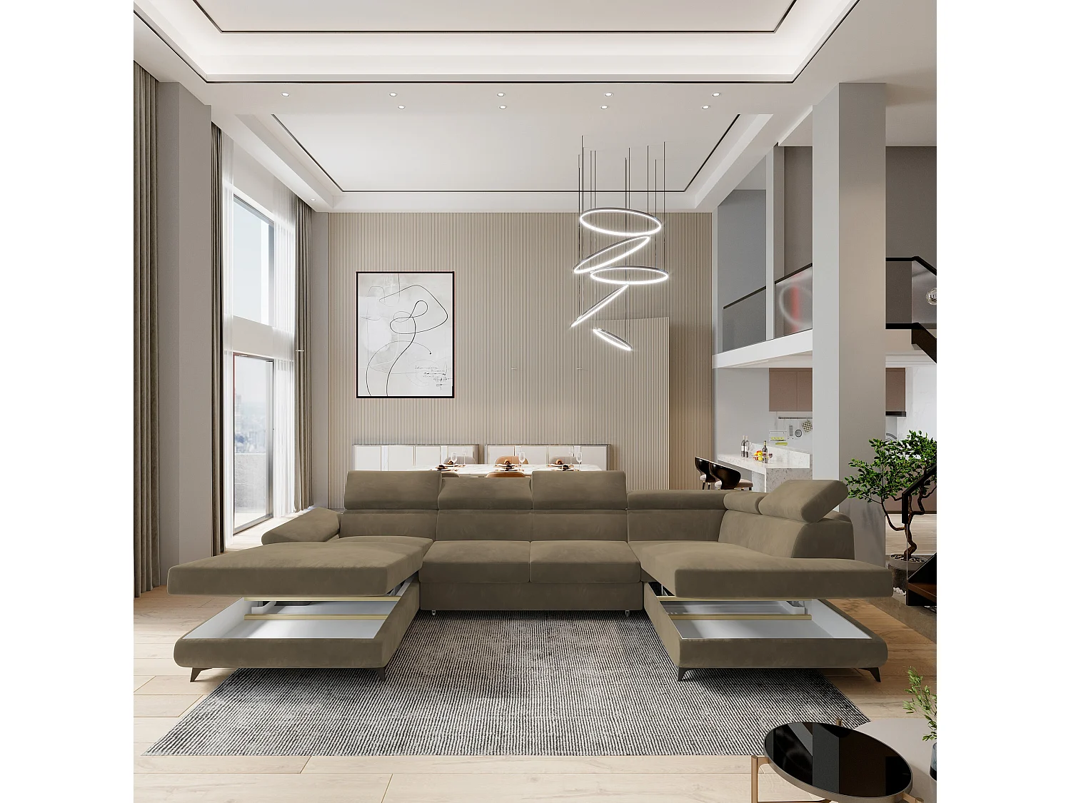 Canapé D'angle Rubano Beige En Velours Avec Fonction De Couchage