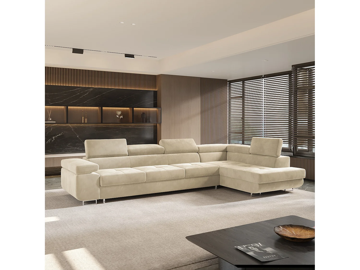 Hoekbank VICENTE van fluweel met slaapfunctie Creme