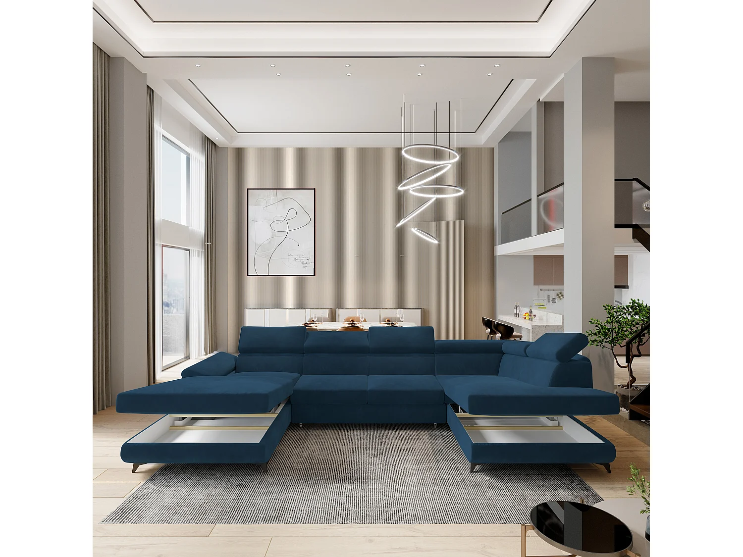 Hoekbank RUBANO van fluweel met slaapfunctie Blau