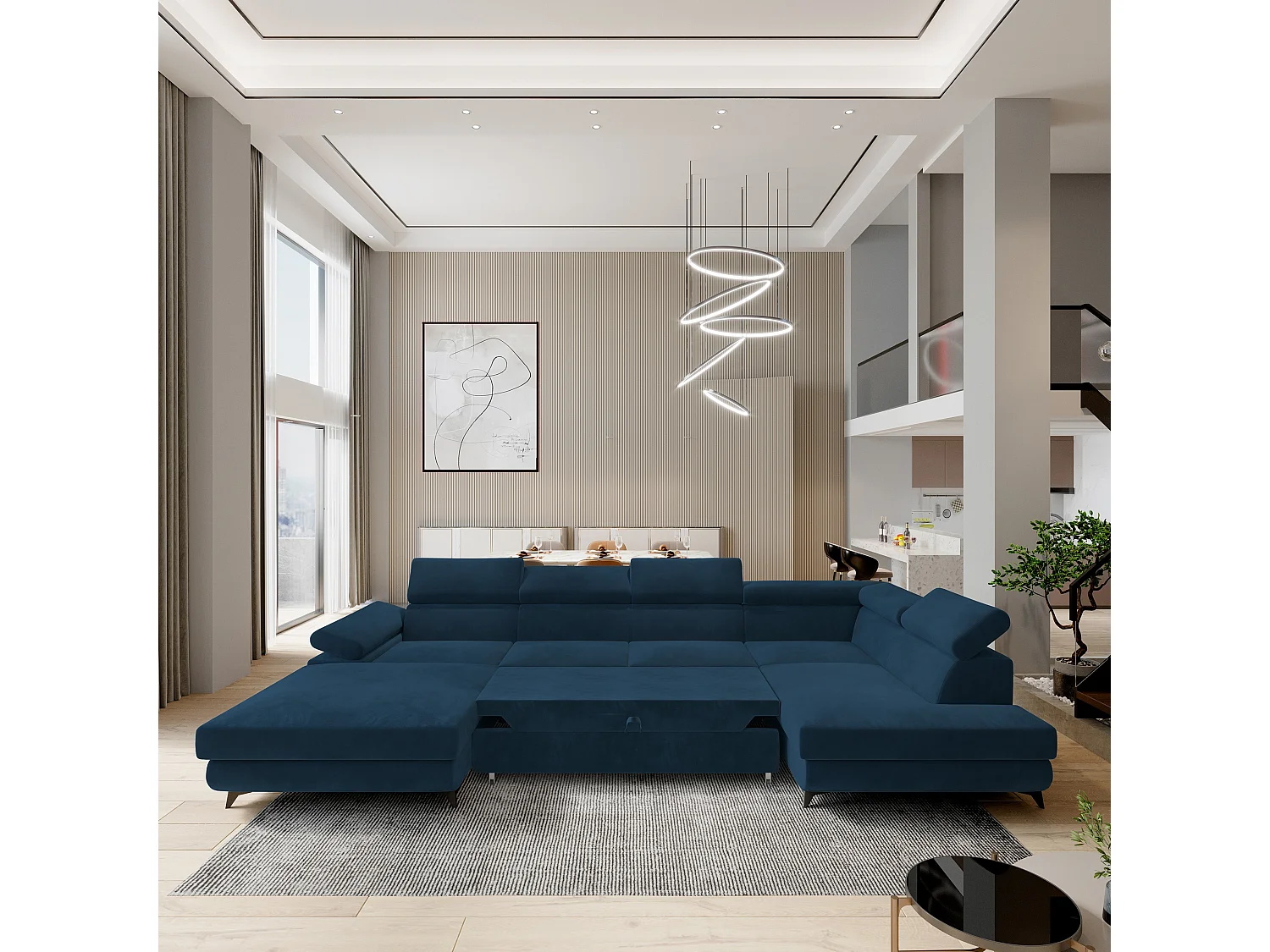 Canapé D'angle Rubano Bleu En Velours Avec Fonction De Couchage