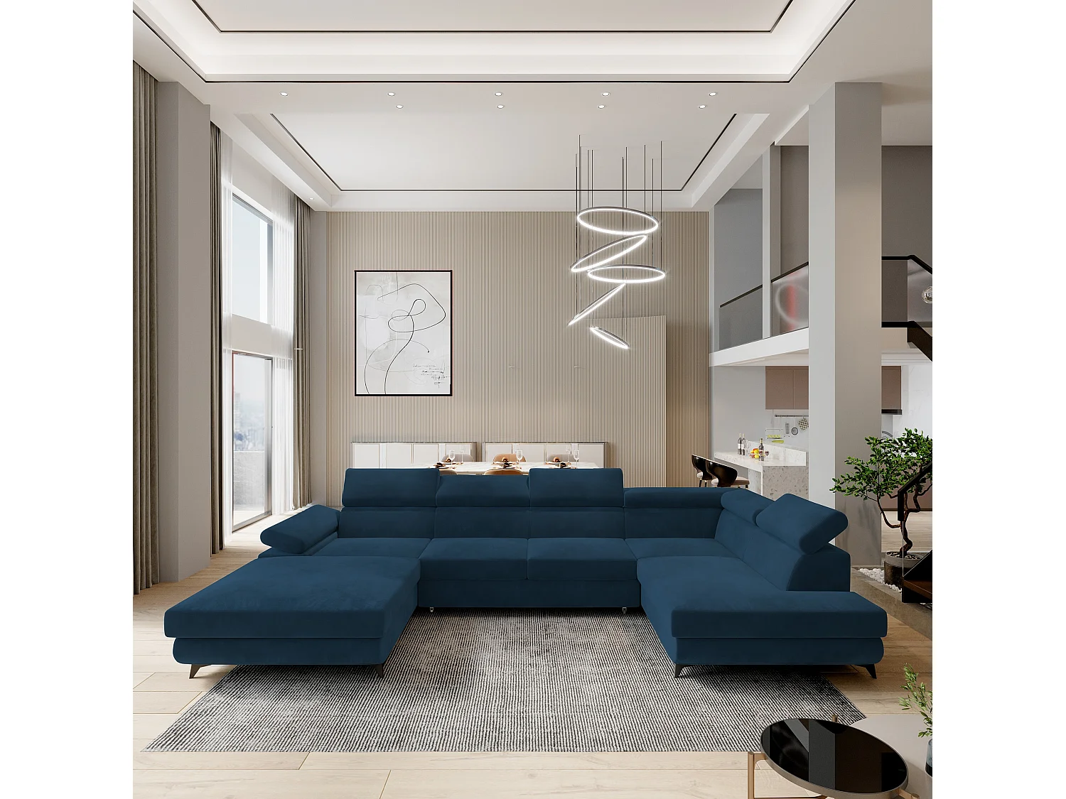 Canapé D'angle Rubano Bleu En Velours Avec Fonction De Couchage