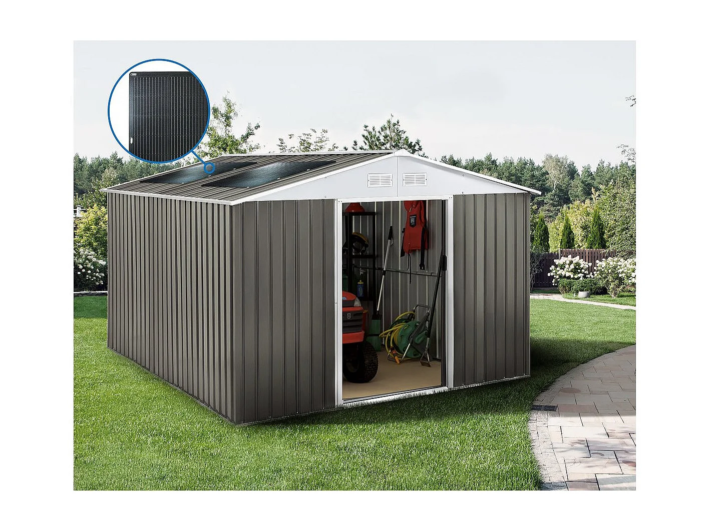 Abri jardin métal "Dallas" - 12,99 m² avec panneaux solaires - Taupe