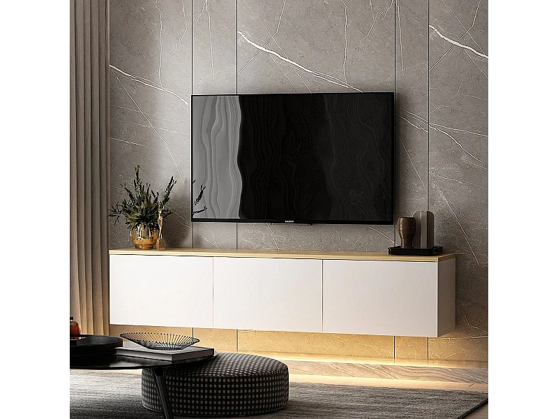 Meuble TV LED suspendu 3 portes blanc & effet Chêne 160 cm - Eira