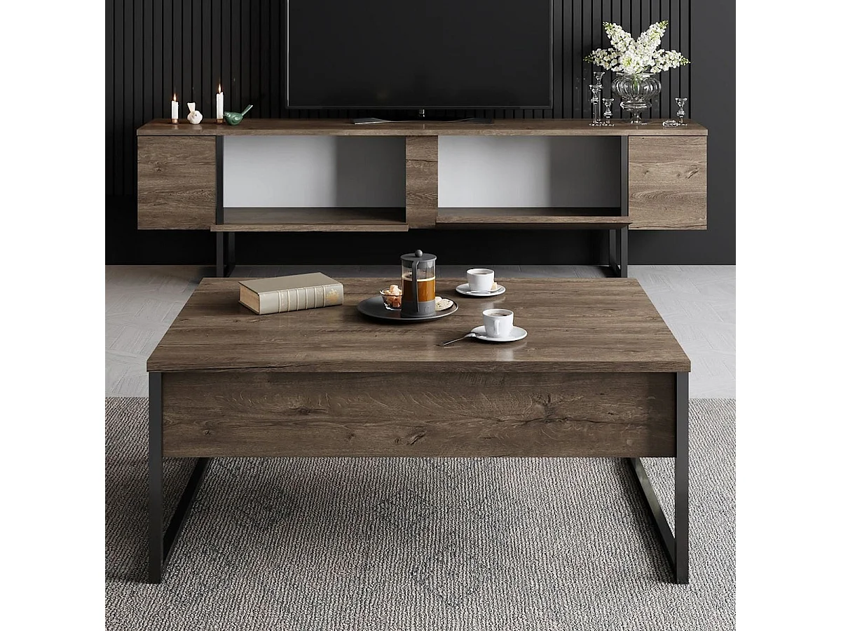 Meuble TV 2 portes effet Noyer, piètement noir 180 cm - Celia