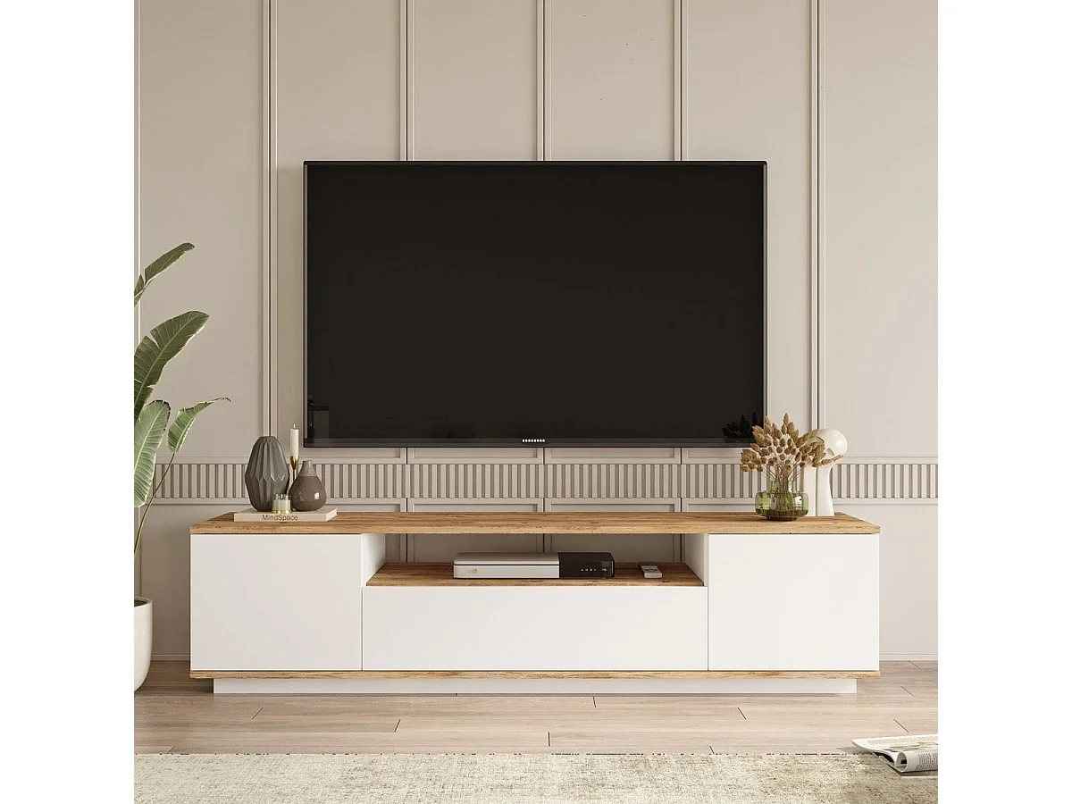 Meuble TV 3 portes blanc & effet bois 180 cm - Ravia
