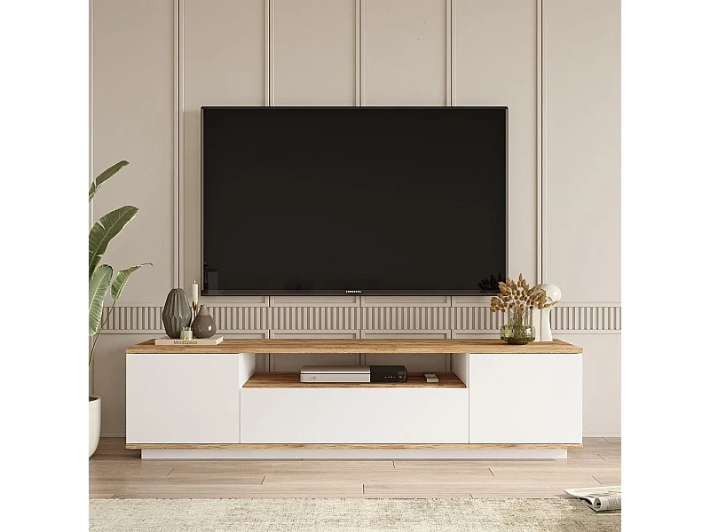 Meuble TV 3 portes blanc & effet bois 180 cm - Ravia