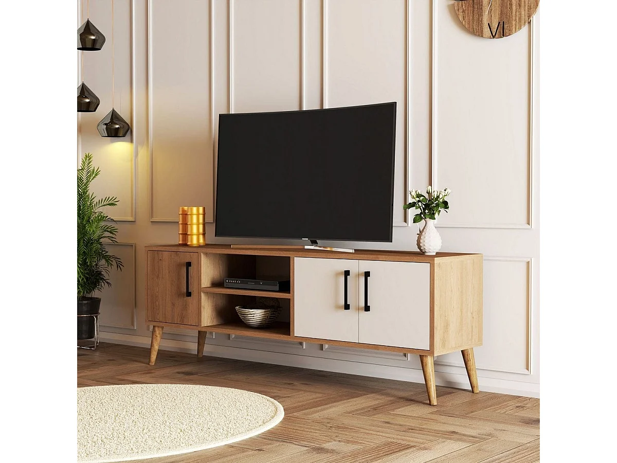 Meuble TV 3 portes 2 niches effet chêne & blanc 150 cm - Porto