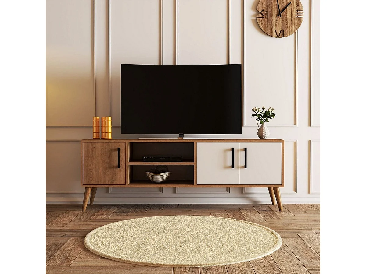 Meuble TV 3 portes 2 niches effet chêne & blanc 150 cm - Porto