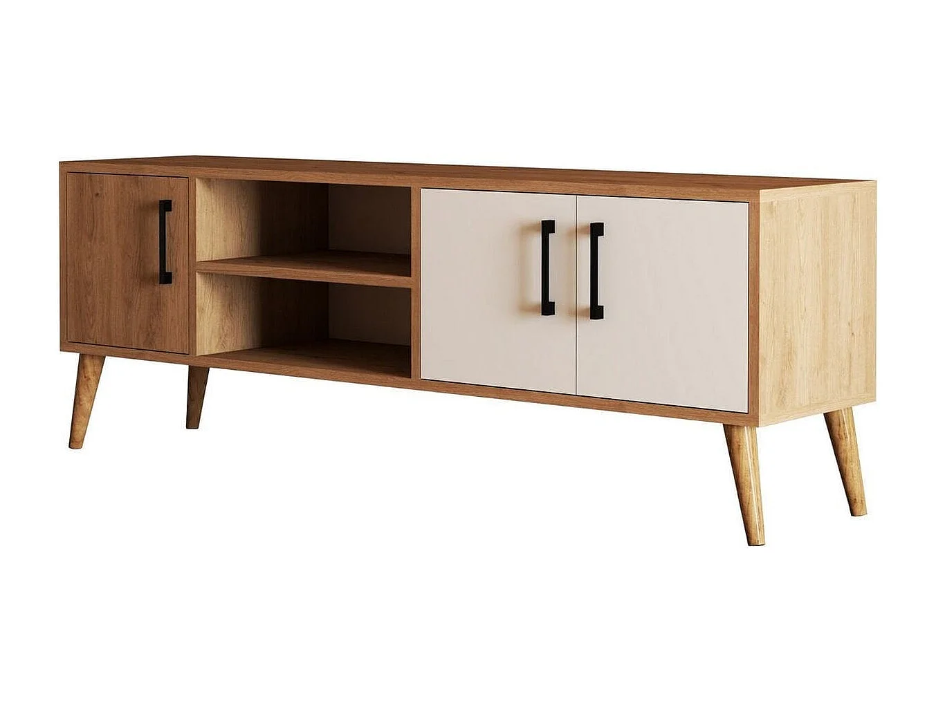 Meuble TV 3 portes 2 niches effet chêne & blanc 150 cm - Porto