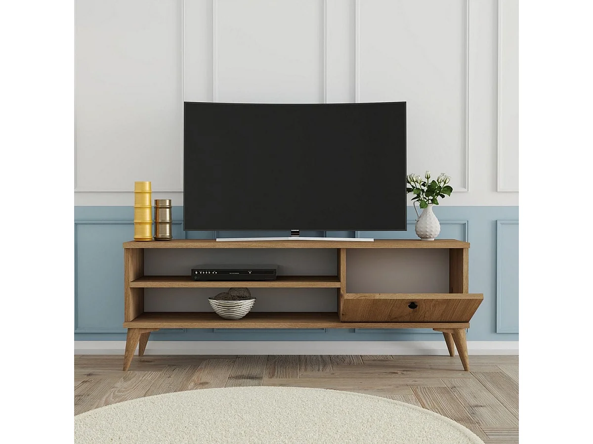 Meuble TV 1 porte 2 niches effet Chêne 120 cm - Saren