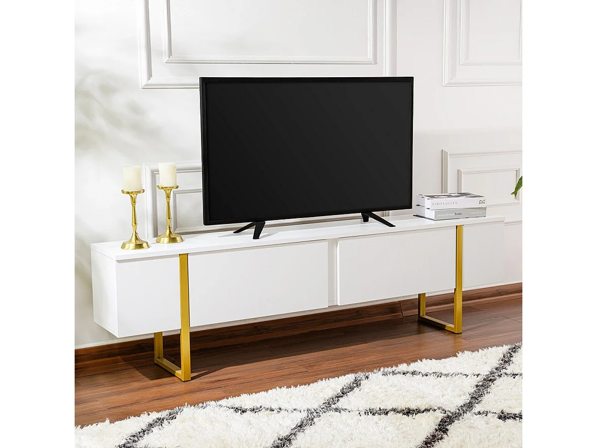 Meuble TV 2 portes blanc avec piètement doré 180 cm - Tessa