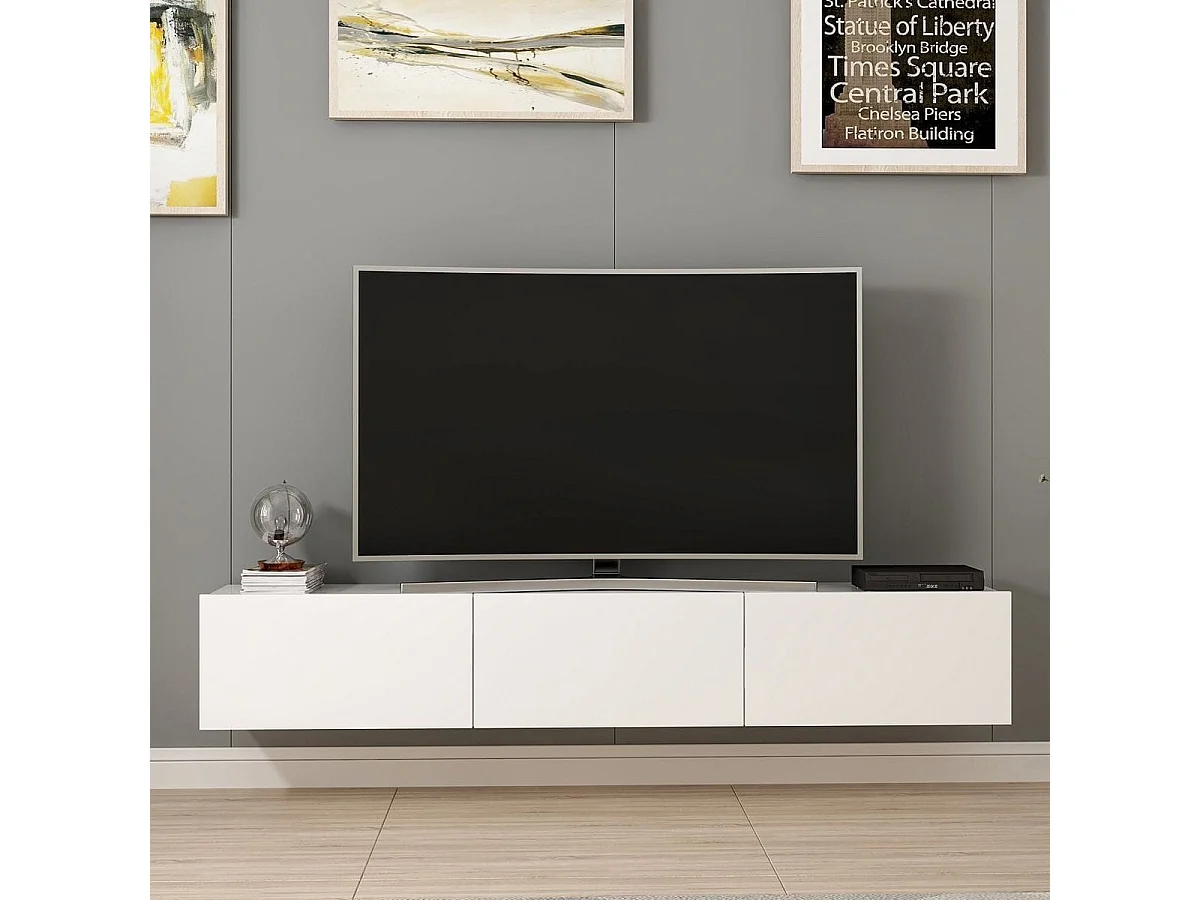 Meuble TV suspendu 3 portes blanc 180 cm - Veria