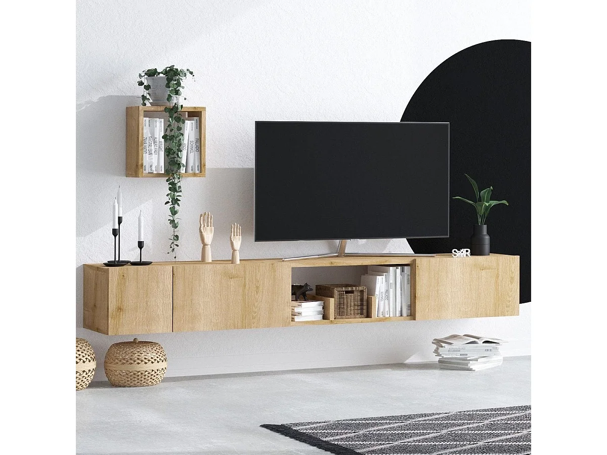 Ensemble meuble TV suspendu 3 portes 3 niches effet Chêne 180 cm + étagère murale - Cleo
