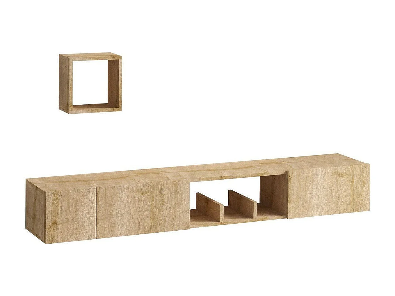 Ensemble meuble TV suspendu 3 portes 3 niches effet Chêne 180 cm + étagère murale - Cleo