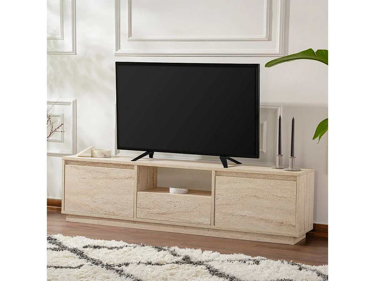 Meuble TV 3 portes 1 niche effet travertin 160 cm - Noane