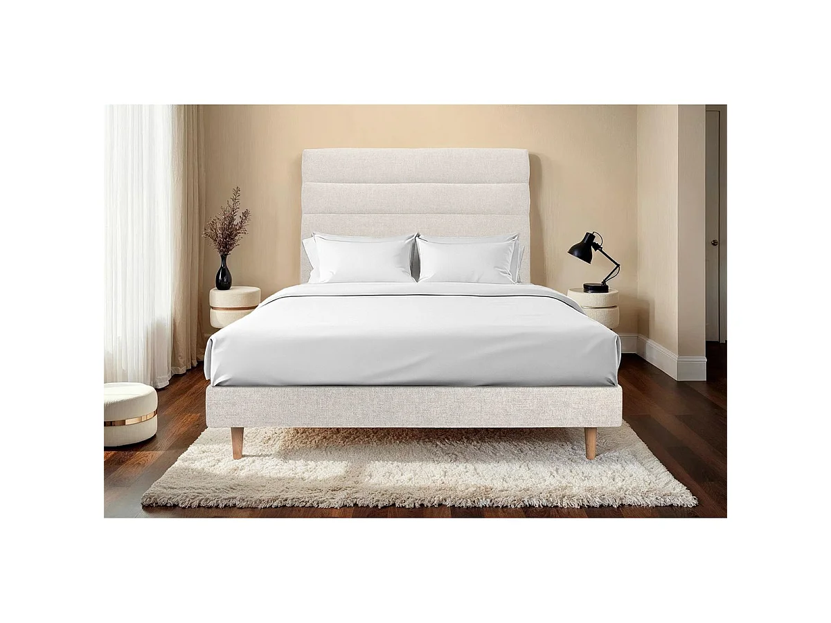 Lit 160x200cm avec tête de lit lignes tissu et sommier kit Beige clair - Hauteur totale : 29cm