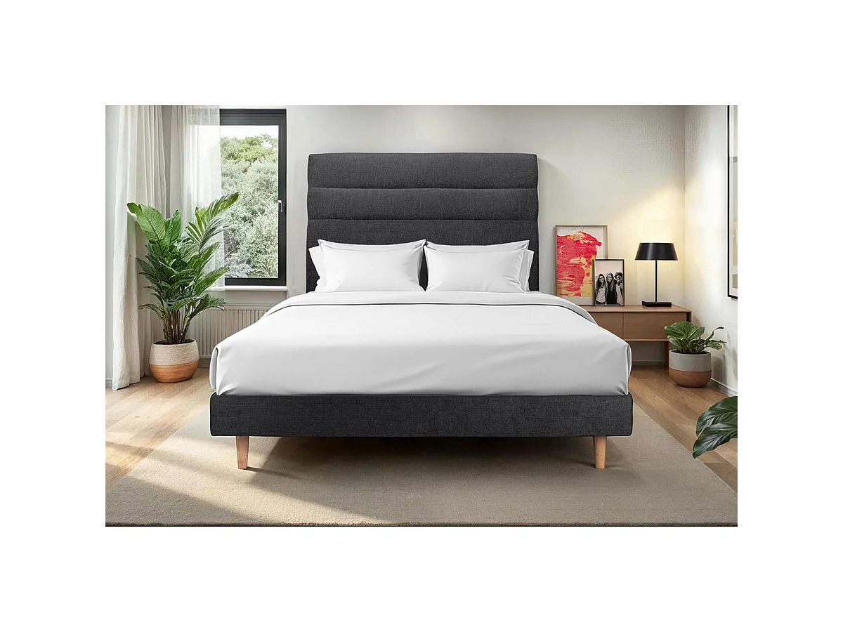 Lit 160x200cm avec tête de lit lignes tissu et sommier kit Noir - Hauteur totale : 29cm