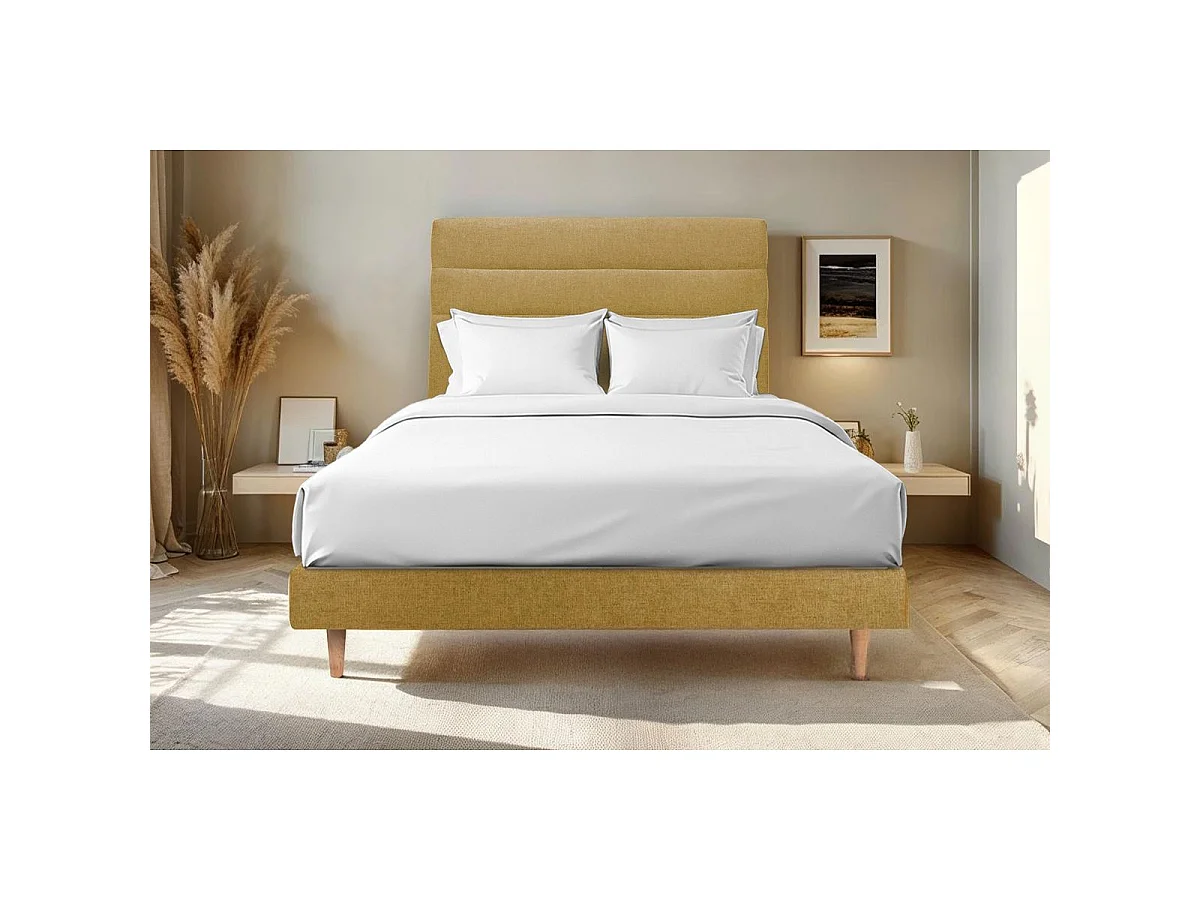 Lit 160x200cm avec tête de lit lignes tissu et sommier kit jaune - Hauteur totale : 29cm