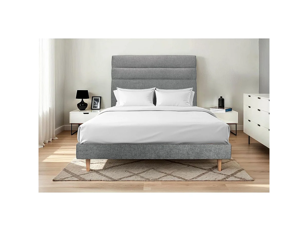 Lit 160x200cm avec tête de lit lignes tissu et sommier kit gris anthracite - Hauteur totale : 29cm