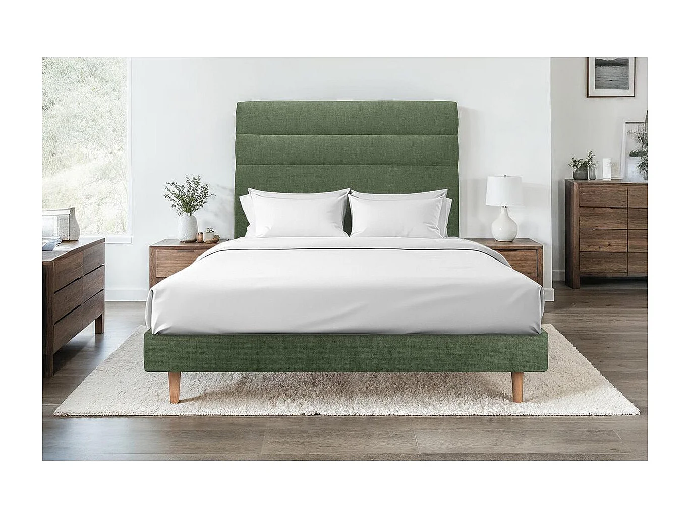 Lit 160x200cm avec tête de lit lignes tissu et sommier kit vert - Hauteur totale : 29cm