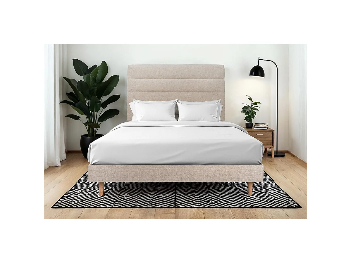 Lit 160x200cm avec tête de lit lignes tissu et sommier kit beige brun - Hauteur totale : 29cm