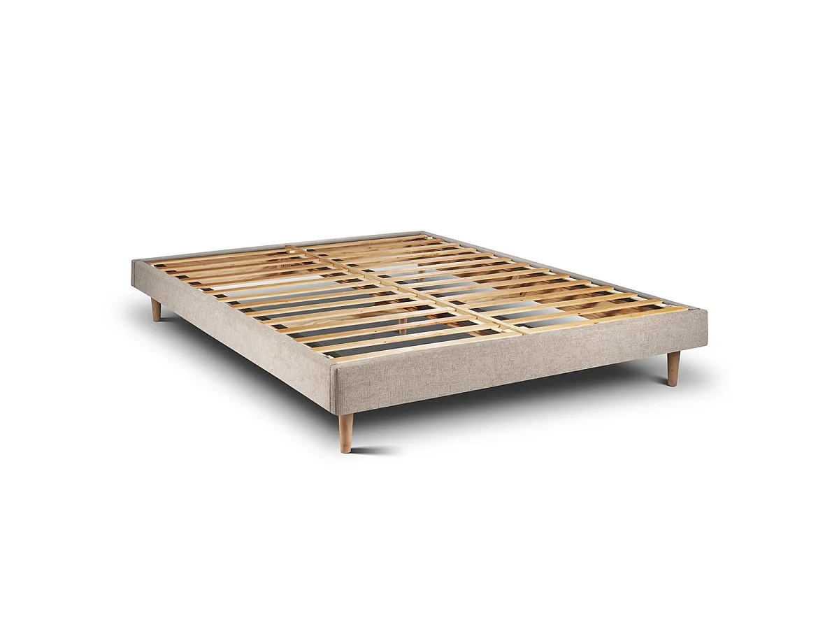 Lit 160x200cm avec tête de lit lignes tissu et sommier kit beige brun - Hauteur totale : 29cm