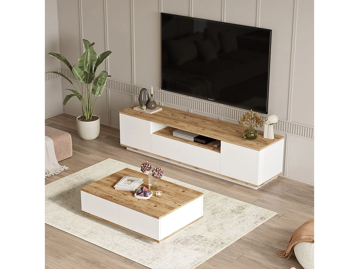 Ensemble meuble TV et table basse blanc & effet bois - Ravia