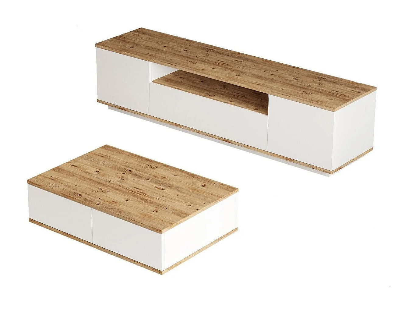 Ensemble meuble TV et table basse blanc & effet bois - Ravia