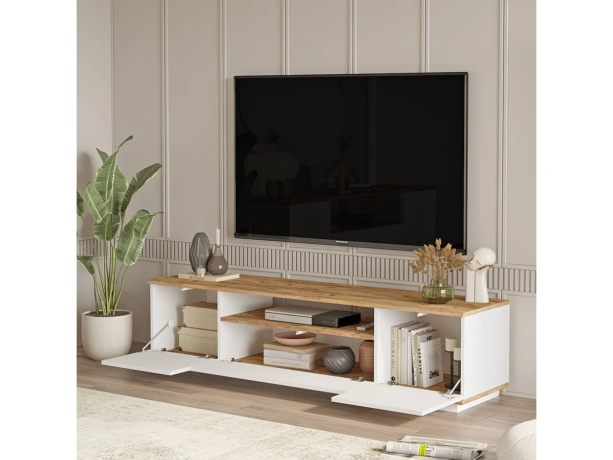 Ensemble meuble TV et table basse blanc & effet bois - Ravia